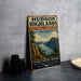 A vintage-style sign for Hudson Highlands, New York, featuring a scenic landscape with mountains, a river, and a sailboat.
