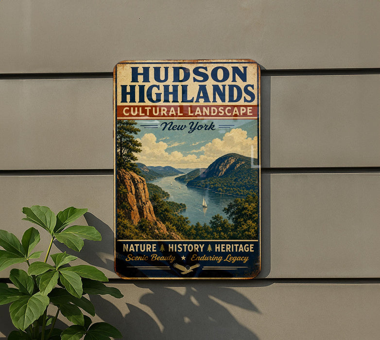 A vintage-style sign for Hudson Highlands, New York, featuring a scenic landscape with mountains, a river, and a sailboat.