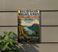 A vintage-style sign for Hudson Highlands, New York, featuring a scenic landscape with mountains, a river, and a sailboat.