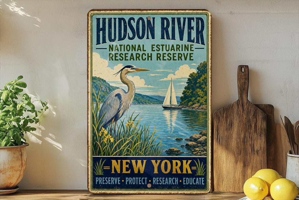 A vintage-style poster of the Hudson River National Estuarine Research Reserve in New York, featuring a heron and a sailboat on the water.