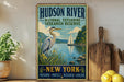 A vintage-style poster of the Hudson River National Estuarine Research Reserve in New York, featuring a heron and a sailboat on the water.