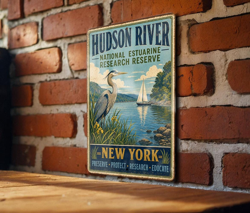 A vintage-style sign for the Hudson River National Estuarine Research Reserve, featuring a heron and a sailboat on a body of water.