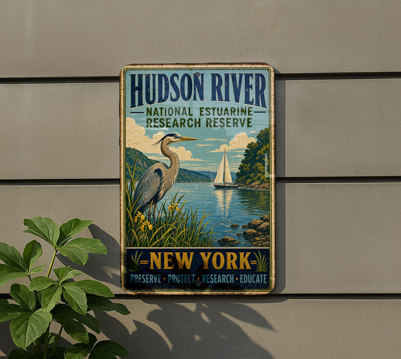 A vintage-style metal sign for the Hudson River National Estuarine Research Reserve in New York, featuring a heron and a sailboat on the water.