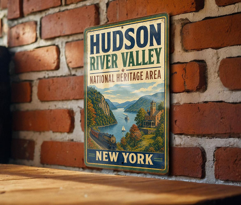 A vintage-style sign for the Hudson River Valley National Heritage Area in New York, featuring a scenic landscape with mountains, a river, and a train.