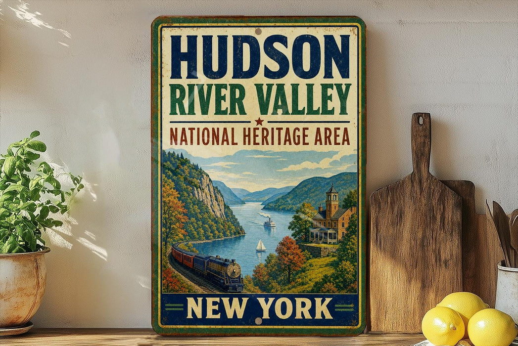 A vintage-style sign for the Hudson River Valley National Heritage Area in New York, featuring a scenic illustration of a river, mountains, and a train.