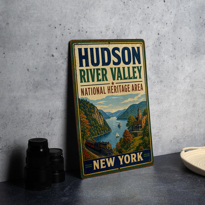 A vintage-style metal sign for the Hudson River Valley National Heritage Area in New York, featuring a scenic illustration of the river valley with a train and buildings.