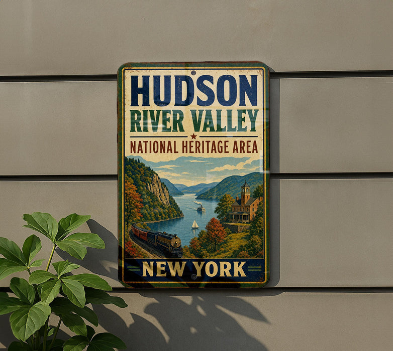 A vintage-style sign for the Hudson River Valley National Heritage Area in New York, featuring a scenic illustration of the area with a river, mountains, and a train.