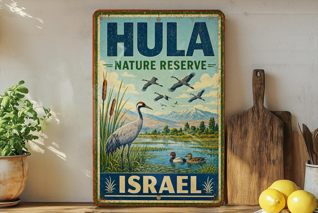 A vintage-style sign for the Hula Nature Reserve in Israel, featuring a bird illustration and a scenic landscape.