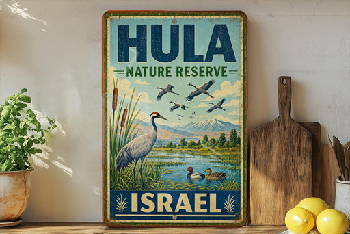 A vintage-style sign for the Hula Nature Reserve in Israel, featuring a bird illustration and a scenic landscape.