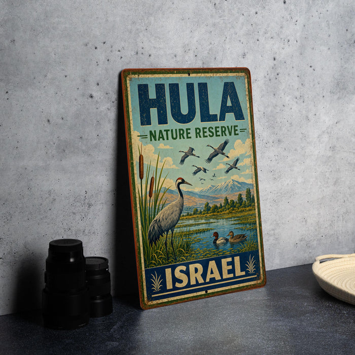 A vintage-style metal sign for the Hula Nature Reserve in Israel, featuring a bird illustration and text.