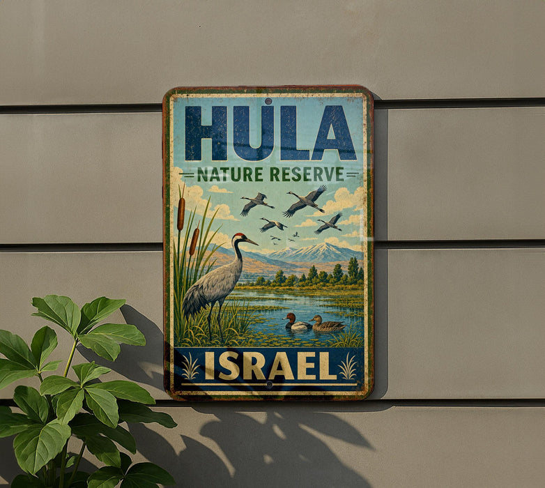 A vintage-style sign for the Hula Nature Reserve in Israel, featuring a scenic landscape with birds and water.