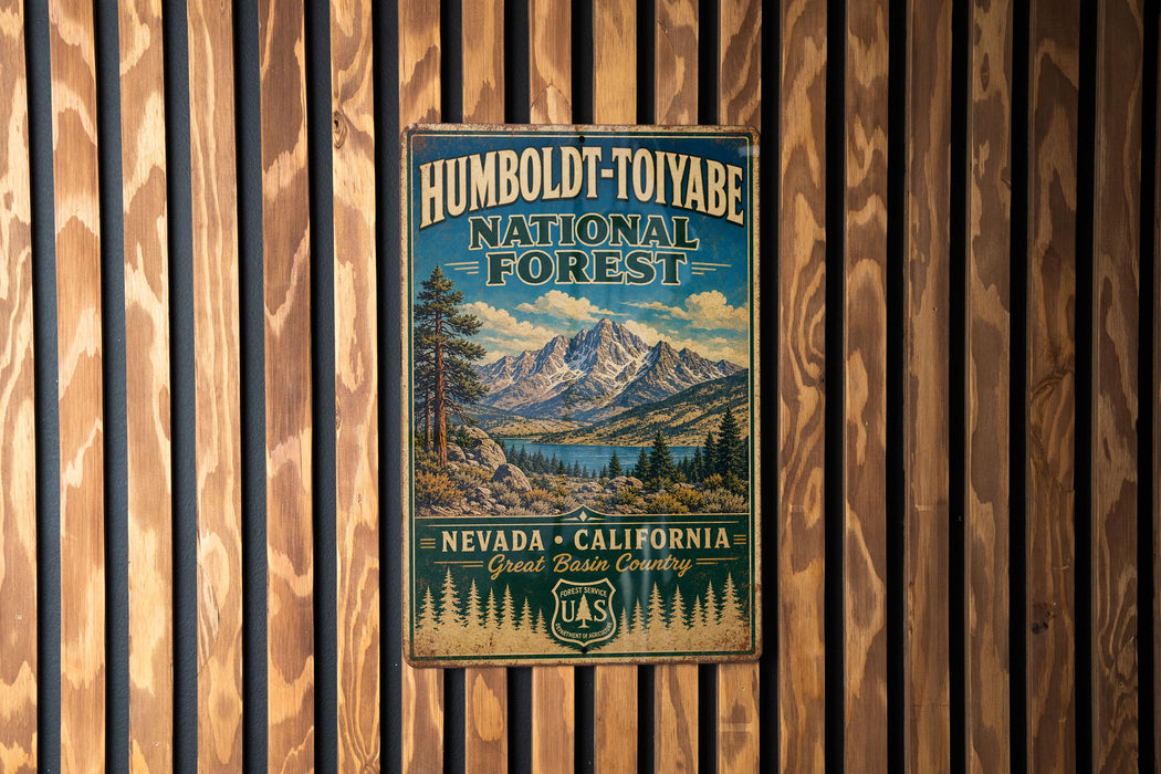 A vintage-style metal sign for Humboldt-Toiyabe National Forest, featuring a mountain landscape and text indicating the location.