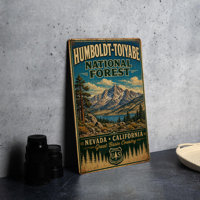A vintage-style sign for Humboldt-Toiyabe National Forest, featuring a mountain landscape and pine trees, is displayed on a gray concrete surface.