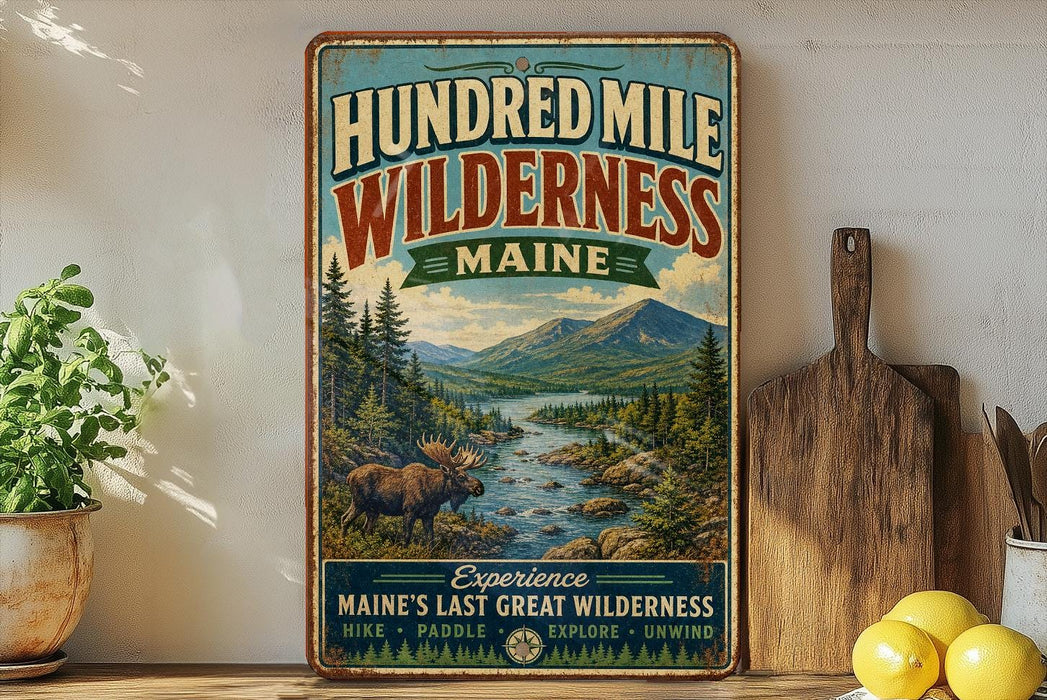 a vintage-style metal sign advertising Maine's wilderness, with a moose and a river in the background.