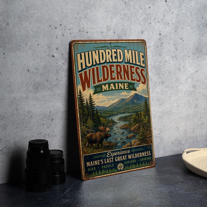 A vintage metal sign advertising " Hundred Mile Wilderness Maine" is displayed on a gray wall, with a wooden table and some items in the foreground.