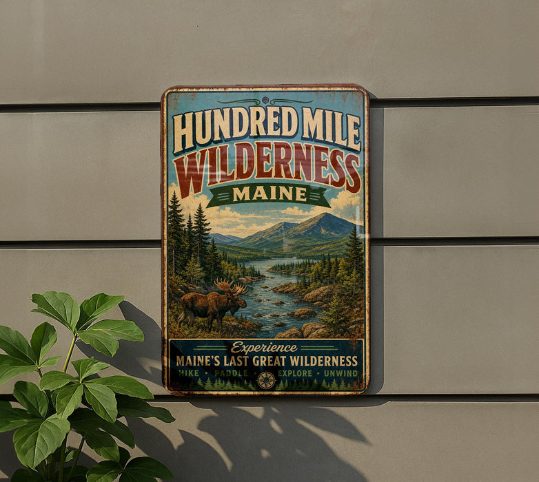 A vintage-style metal sign advertising " Hundred Mile Wilderness Maine" is displayed on a wall, featuring a scenic landscape with mountains, trees, and a moose.