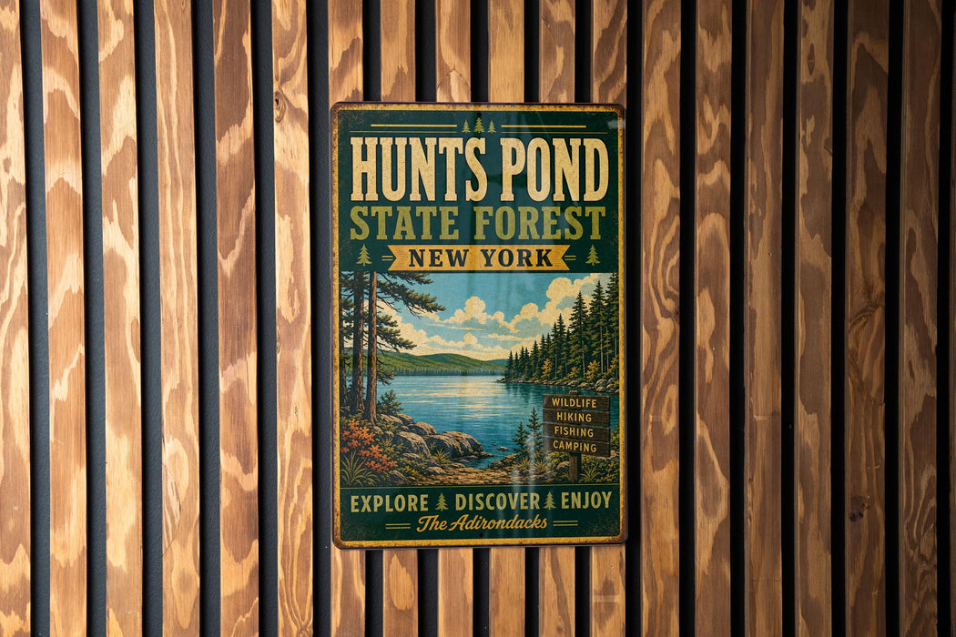 A vintage metal sign for the Hunts Pond State Forest in New York, featuring a scenic landscape with pine trees, a lake, and mountains.
