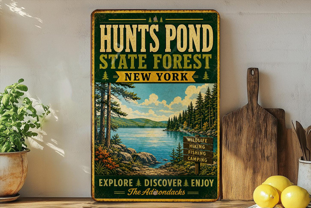 A vintage-style sign for "Hunts Pond State Forest New York" is displayed on a wooden shelf, with a potted plant and a wooden cutting board nearby.