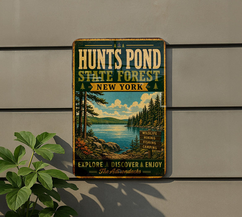 Hunts Pond State Forest New York Vintage Style Metal Sign, Outdoor Recreation Cabin Camp Decor, Adirondack Woodland Souvenir Plaque