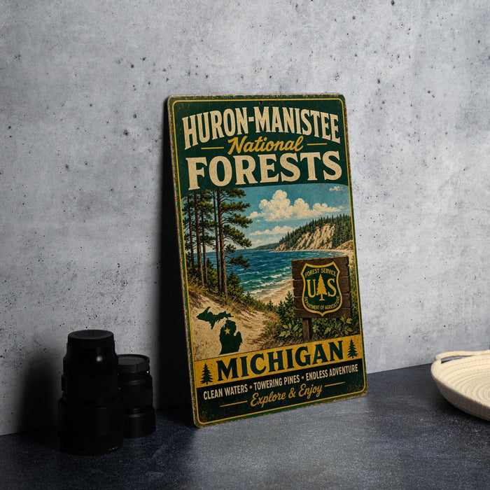 A vintage-style metal sign for Huron-Manistee National Forests, featuring a scenic illustration of a forest and a lake, with text promoting the area's clean waters, towering pines, endless adventure, and exploration and enjoyment.
