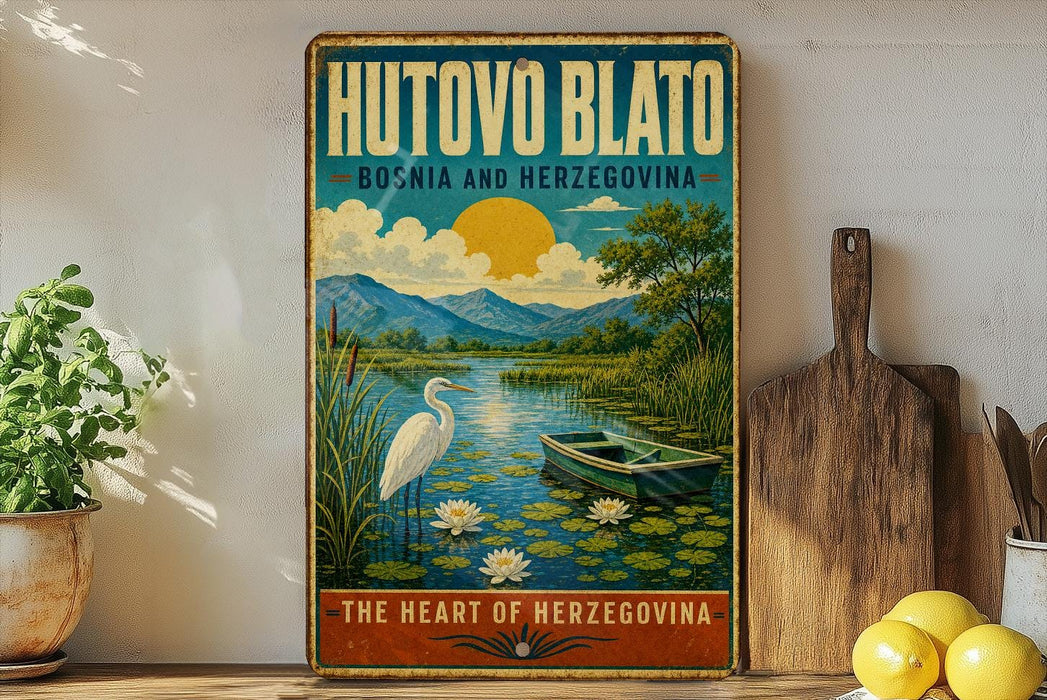 a vintage-style poster of Hutovoz Blato, a landmark in Bosnia and Herzegovina, with a serene landscape of a lake, a boat, and a crane.