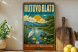 a vintage-style poster of Hutovoz Blato, a landmark in Bosnia and Herzegovina, with a serene landscape of a lake, a boat, and a crane.