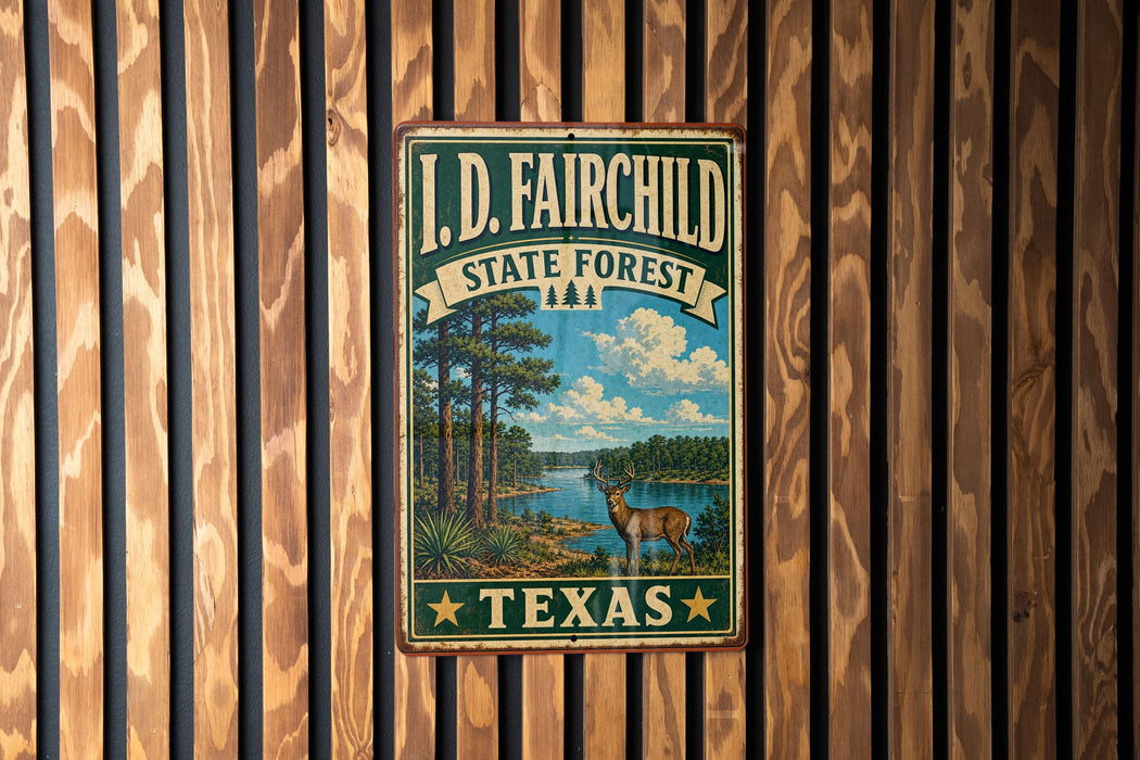 A vintage metal sign for the I.D. Fairchild State Forest in Texas, featuring a scenic illustration of a forest landscape with a deer.