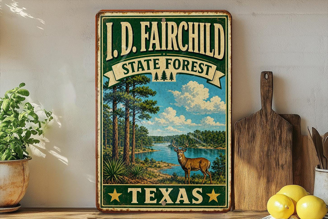 A vintage-style sign for the I.D. Fairchild State Forest in Texas, featuring a scenic illustration of a forest, a deer, and a river.