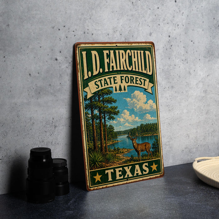 A vintage-style metal sign for the I.D. Fairchild State Forest in Texas, featuring a scenic illustration of a forest and a deer.
