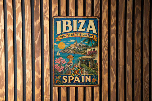 A vintage metal sign with the text "IBiza Biodiversity & Culture" and "Spain" on it, hanging on a wooden wall.