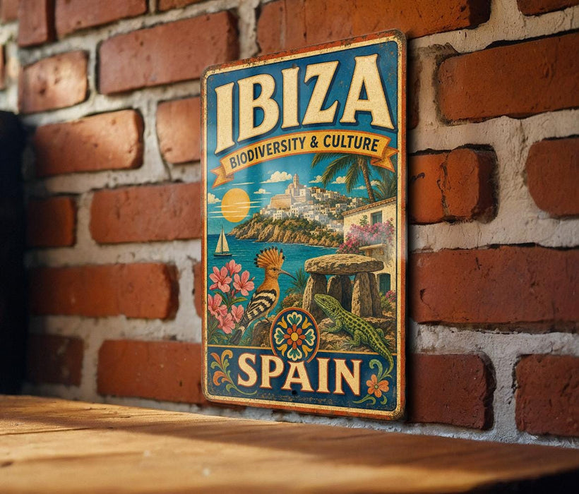 A vintage-style metal sign with the text "IBIZA Biodiversity & Culture" and "SPAIN" is displayed on a brick wall.