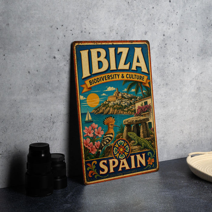A vintage-style metal sign with the text "IBIZA Biodiversity & Culture" and "SPAIN" printed on it, featuring an illustration of a tropical island landscape with palm trees, flowers, and a bird.