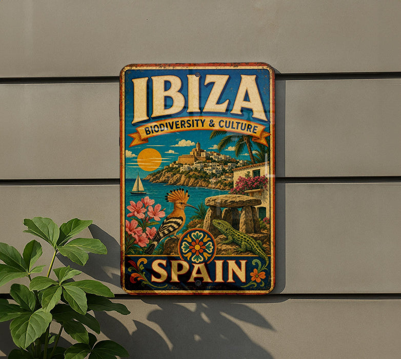 A vintage-style metal sign with the text "IBAZ" and "BIODIVERSITY & CULTURE" is displayed on a wall, featuring a tropical island landscape with palm trees, flowers, and a bird.