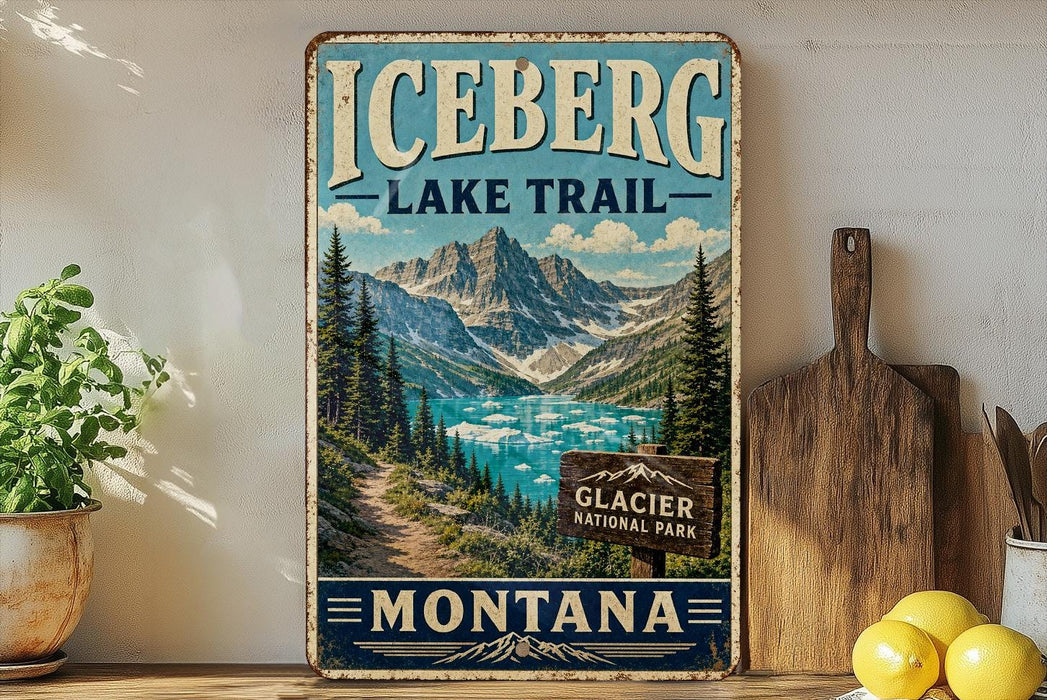A vintage-style sign for the Glacier National Park Lake Trail in Montana, featuring a scenic mountain landscape with a lake in the background.