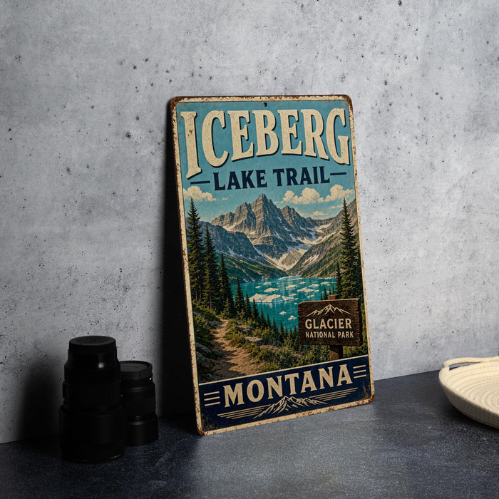 A vintage-style sign for the Glacier National Park in Montana, featuring a scenic mountain landscape.