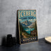 A vintage-style sign for the Glacier National Park in Montana, featuring a scenic mountain landscape.