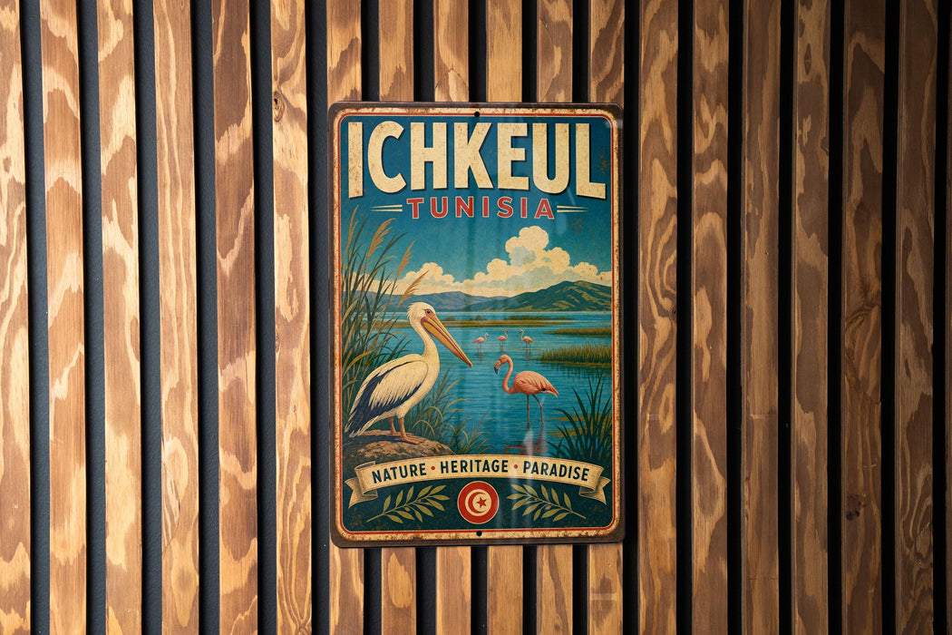 A vintage-style metal sign with the text "Ichkeul Tunisia" and an illustration of a bird standing on a grassy bank with a body of water in the background.