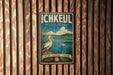 A vintage-style metal sign with the text "Ichkeul Tunisia" and an illustration of a bird standing on a grassy bank with a body of water in the background.
