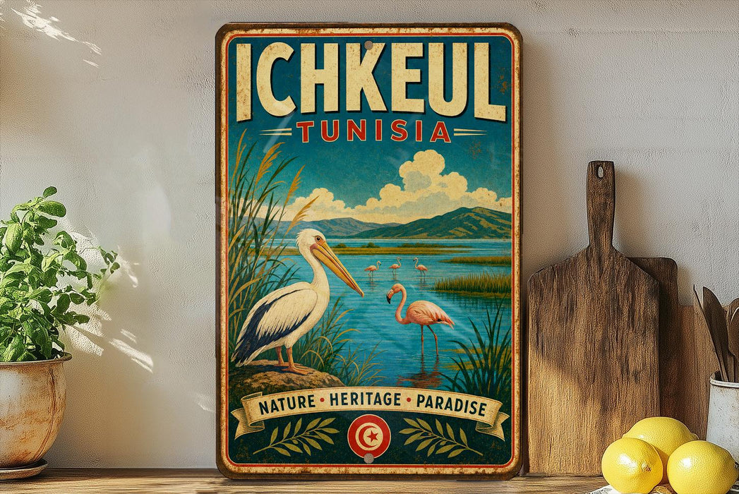 A vintage-style poster of Ichkeul, Tunisia, featuring a seagull and flamingos in a natural landscape, with a banner that reads "NATURE - HERITAGE - PARADISE".