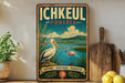A vintage-style poster of Ichkeul, Tunisia, featuring a seagull and flamingos in a natural landscape, with a banner that reads "NATURE - HERITAGE - PARADISE".