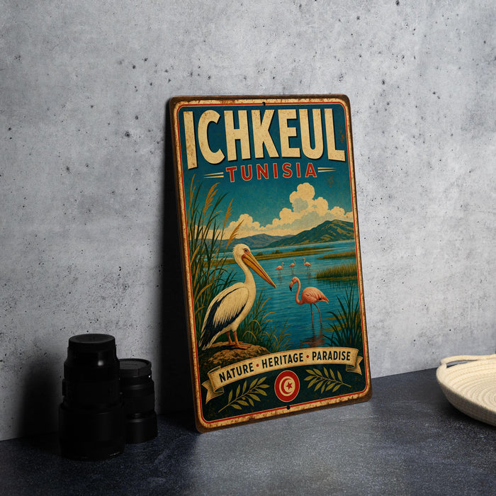 A vintage-style metal sign with the text "Ichkeul, Tunisia" and an illustration of a seagull and flamingos, along with the words "NATURE, HERITAGE, PARADISE" and a circular logo.