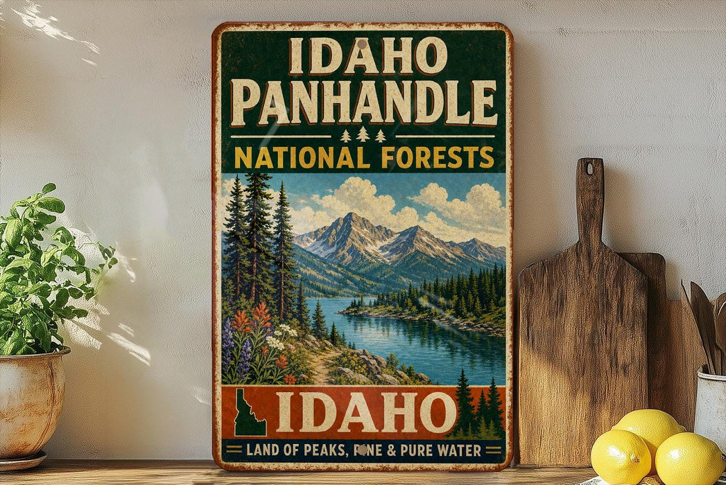 A vintage-style metal sign advertising the Idaho Panhandle National Forests, featuring a scenic mountain landscape with pine trees and a lake.