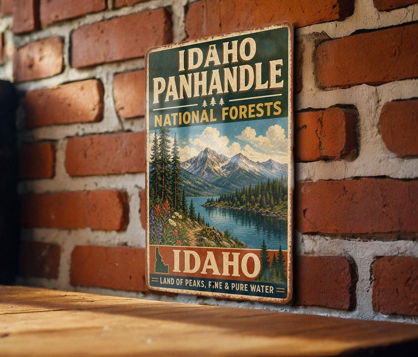 A vintage-style metal sign for Idaho Panhandle National Forests, featuring a scenic mountain landscape with pine trees and a lake.