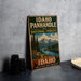 A vintage-style sign for Idaho Panhandle National Forests, featuring a scenic landscape with mountains, pine trees, and a lake.