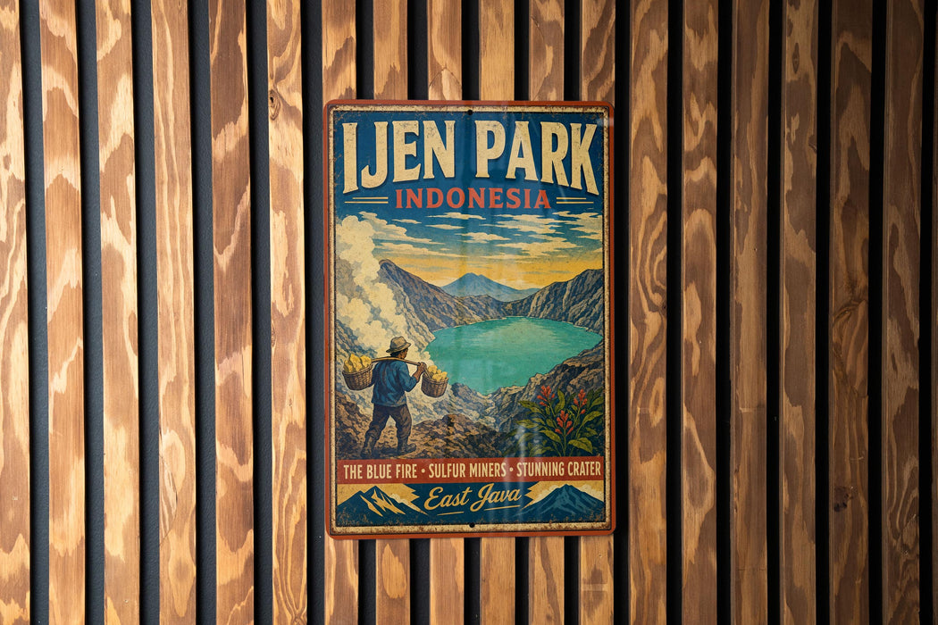 A vintage-style poster advertising Ijen Park, Indonesia, featuring a man carrying a basket and a scenic landscape with mountains and a lake.