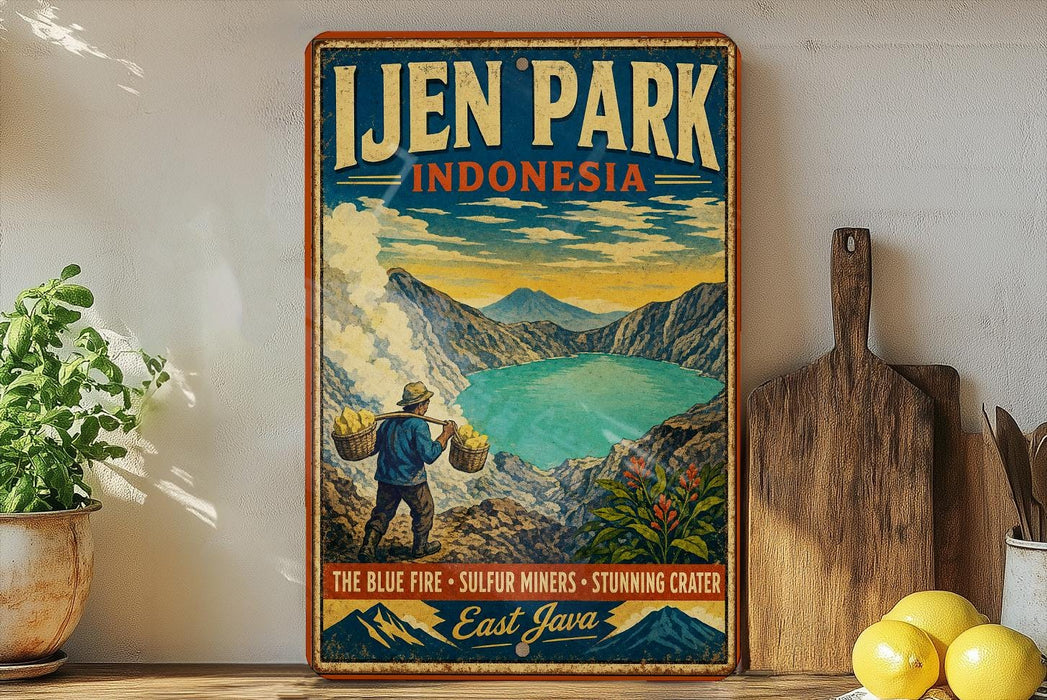 A vintage-style poster advertising Lijen Park, Indonesia, featuring a man carrying a basket of fruit and a scenic landscape with a lake and mountains.