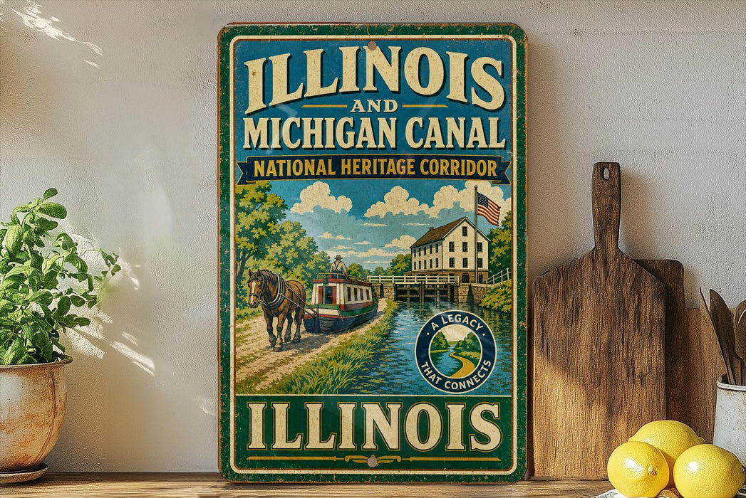 A vintage-style sign for the Illinois and Michigan Canal, featuring a horse-drawn carriage and a building, is displayed on a shelf next to a wooden cutting board and some lemons.