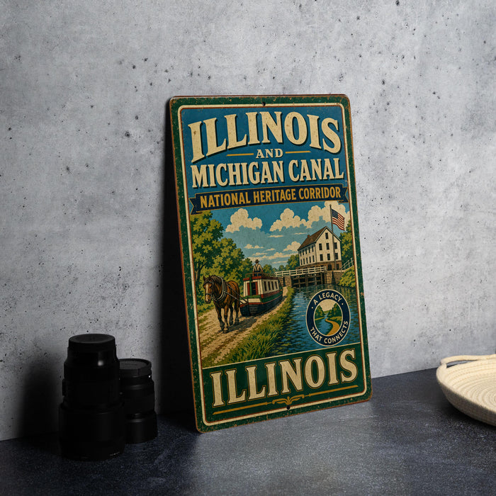 A vintage metal sign for the Illinois and Michigan Canal, featuring an illustration of a horse-drawn carriage and a building, is displayed on a gray countertop.
