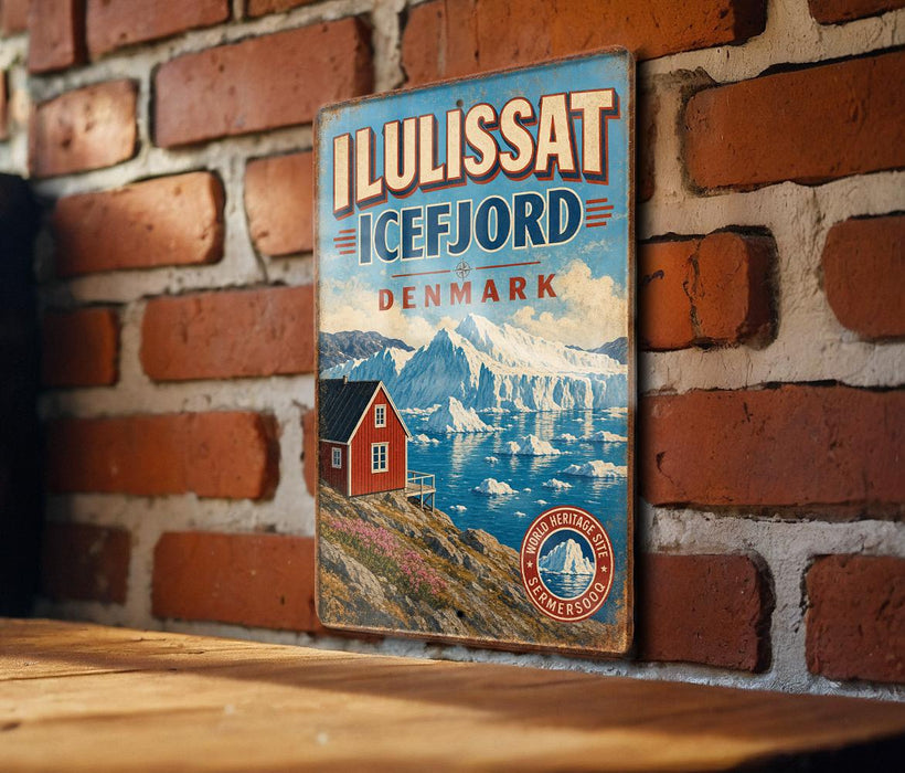 A vintage travel sign for Iluis SAT ICELAND, featuring a scenic image of a red house on a cliff overlooking a frozen lake and mountains.