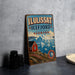 A vintage metal sign advertising Iluis SAT ICEFJORD DENMARK is displayed on a table, with a small white bowl and a stack of black camera lenses to the side.